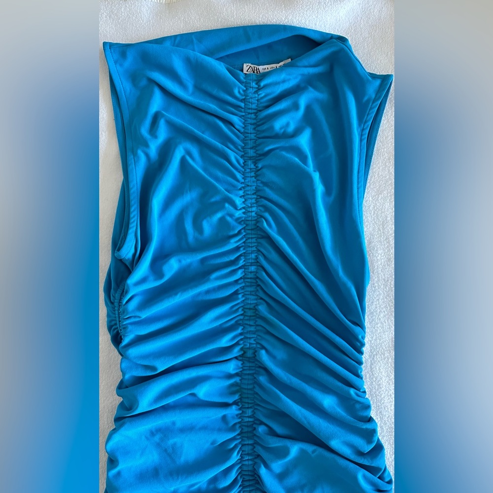 Zara Turquoise Ruched Mini Dress - Picture 2 of 4